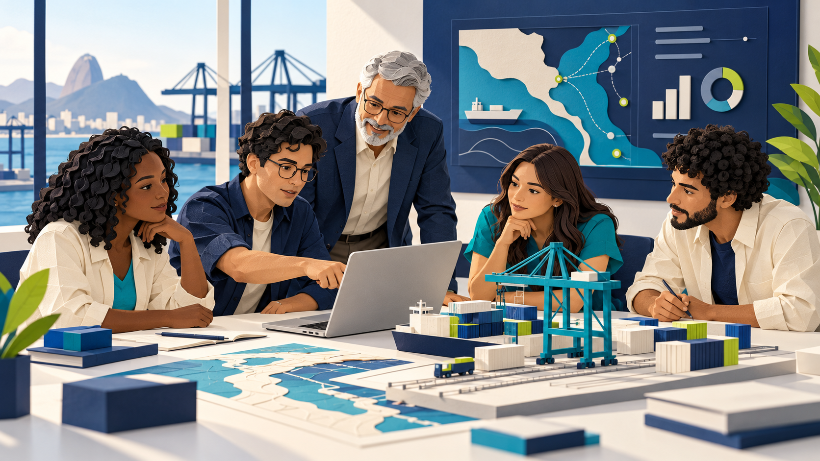 Ilustração de estudantes e um mentor trabalhando juntos em um desafio portuário