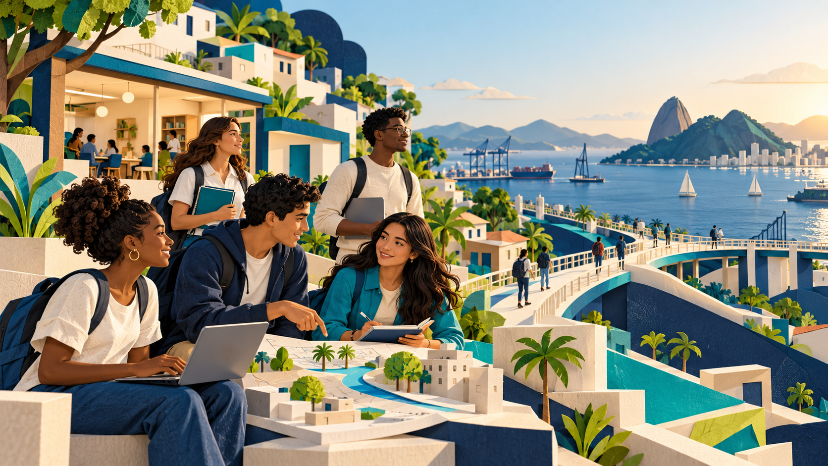 Ilustração de jovens reunidos em uma comunidade junto ao porto